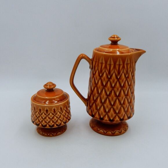 Brown Raised Diamond Pattern Footed Coffee Pot Sugar Bowl Japan Lidded Vintage - Picture 3 of 16